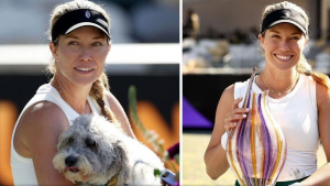 Illustration : "Quand Quincy, le petit chien blanc, vient féliciter sa maîtresse, vainqueure d’un tournoi de tennis (vidéo)"