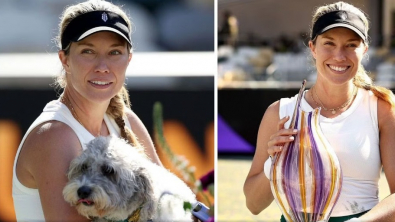 Illustration : "Quand Quincy, le petit chien blanc, vient féliciter sa maîtresse, vainqueure d’un tournoi de tennis (vidéo)"